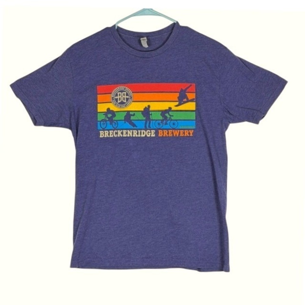 Breckenridge Brewery T Shirt Mens Large Blue Rainbow Colorado Outdoors Graphic